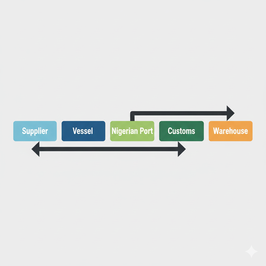 A simple flowchart graphic: Supplier → Vessel → Nigerian Port → Customs → Warehouse.