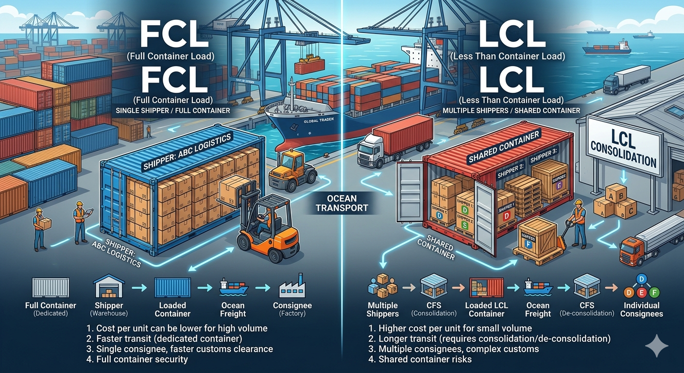 FCL vs LCL container shipping comparison showing full container load and less than container load cargo